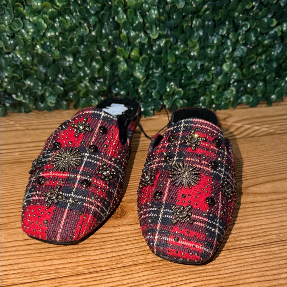 Elegant Red Plaid Embellished Mules
